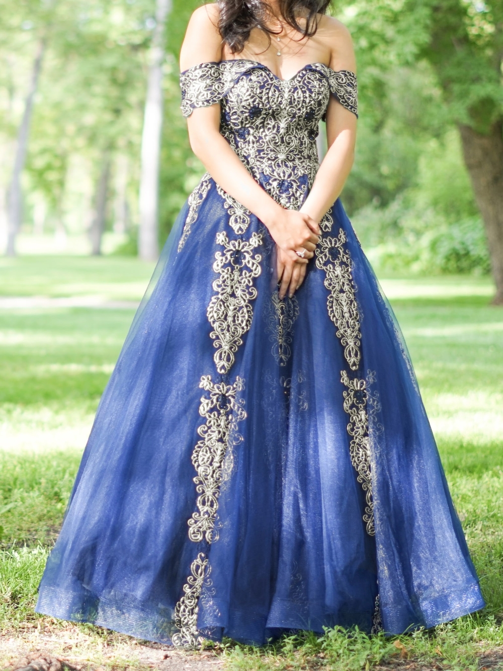Anny Lee Navy Blue Off-Shoulder Ball Gown with Gold Embroidery